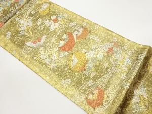 糸巻きに草花・蝶・流水模様織出し袋帯